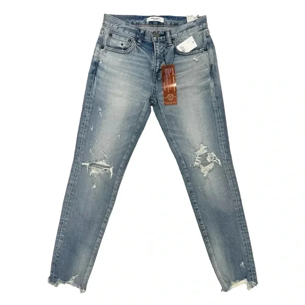 Moussy Vintage Tapered Distressed Jeans Light Blue Denim Ankle Raw hem Size 25